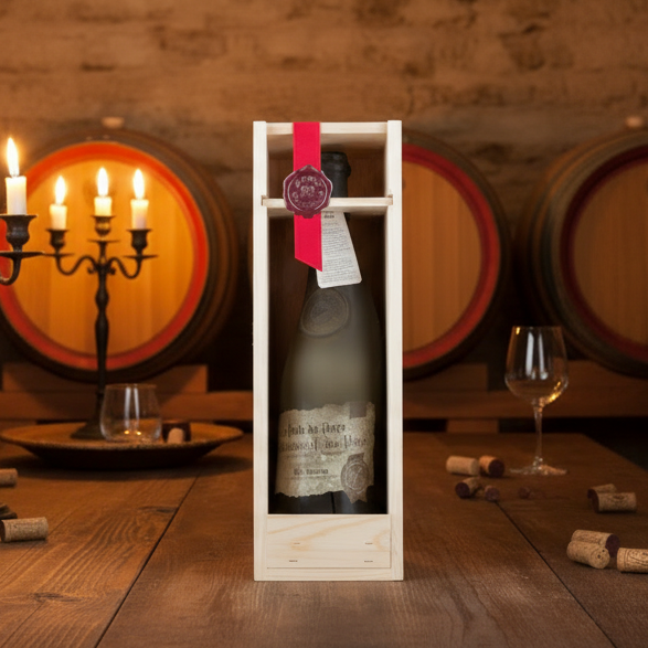 Châteauneuf-du-Pape Rouge Magnum 1.5L in wooden box by Maison Molinet, showcasing elegant bottle and packaging design.
