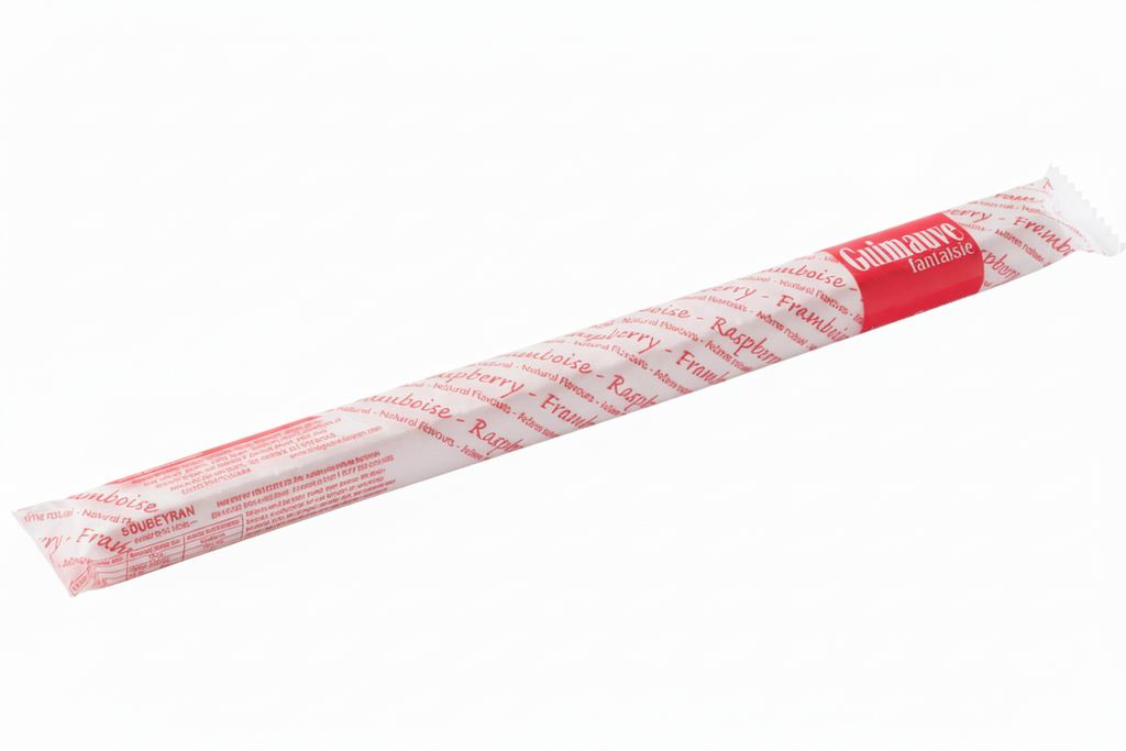 Chique marshmallow de framboesa de 30 g da marca Soubeyran, com tiras coloridas e macias.