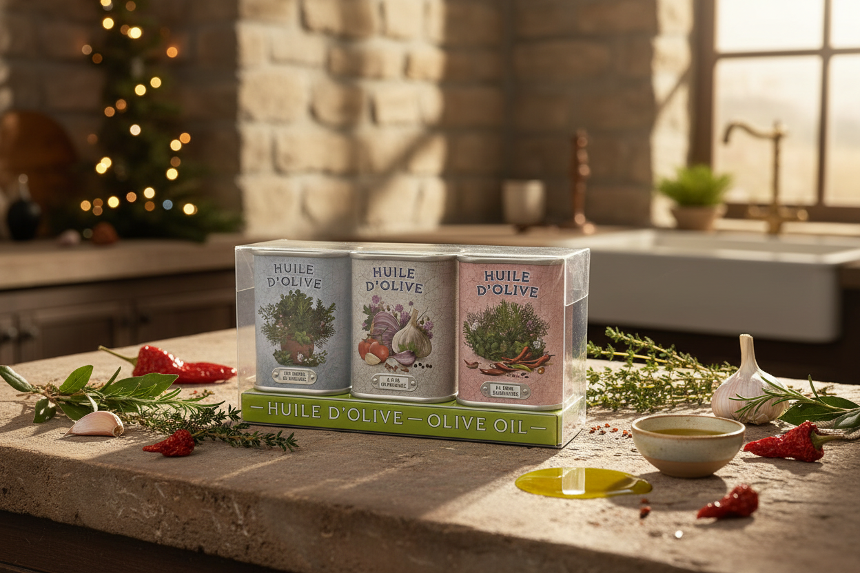 Coffret Gourmet – 3 Huiles d’Olive Extra‑Vierge Aromatisées Maison Molinet