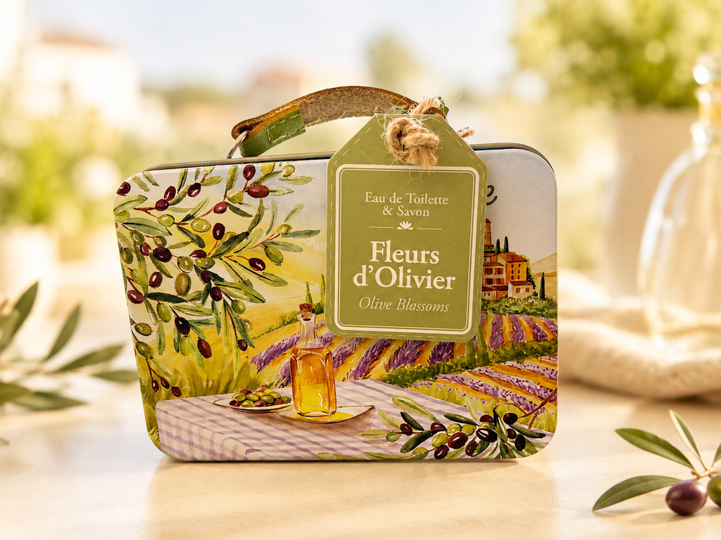 Coffret cadeau Fleurs d’Olivier – eau de toilette, savon et boîte métal inspirée de la Provence