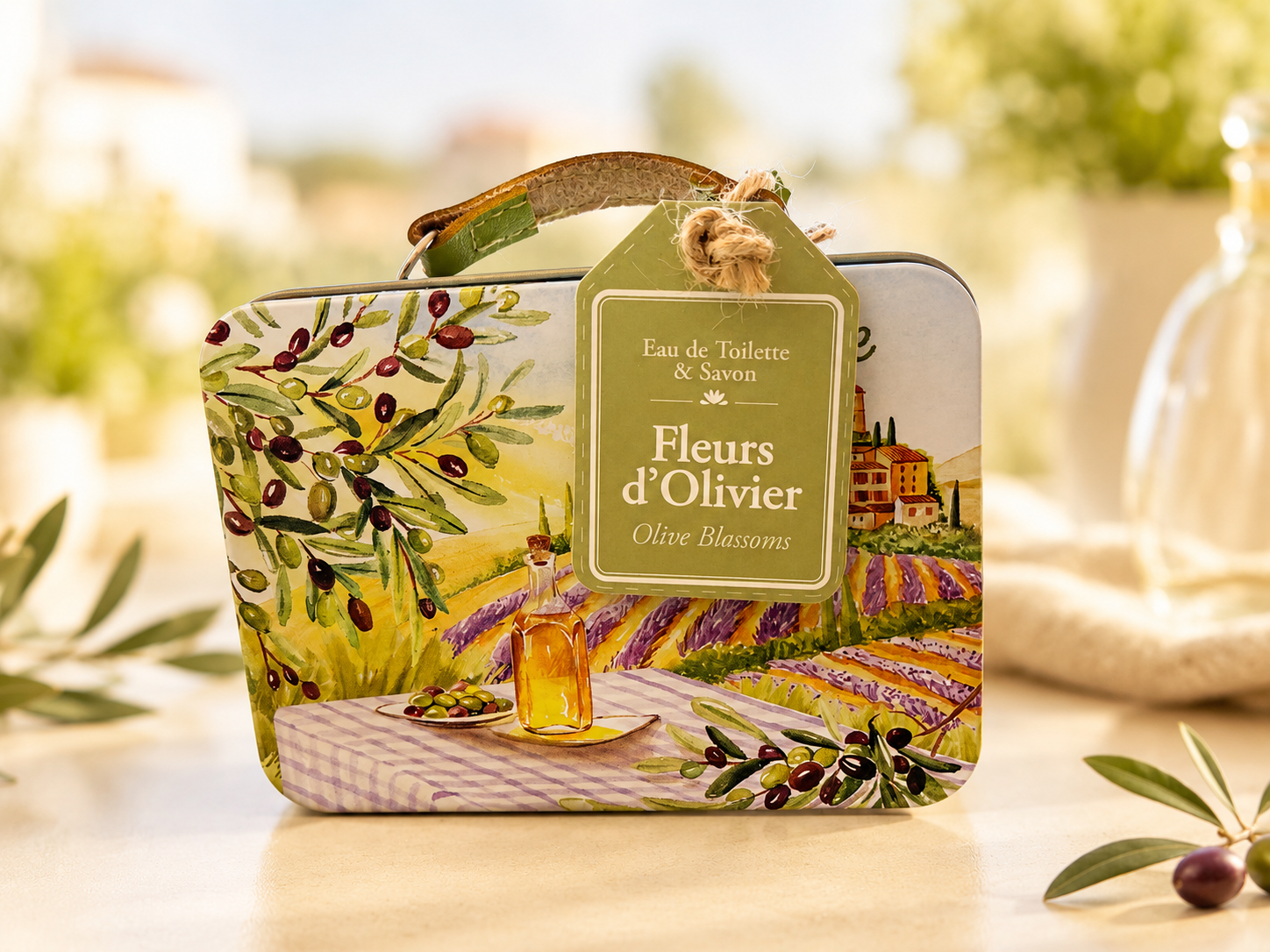 Coffret cadeau Fleurs d’Olivier – eau de toilette, savon et boîte métal inspirée de la Provence