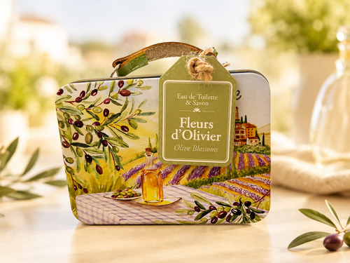 Caixa oferta Fleurs d’Olivier – água de toilette, sabonete e caixa de metal inspirada na Provença
