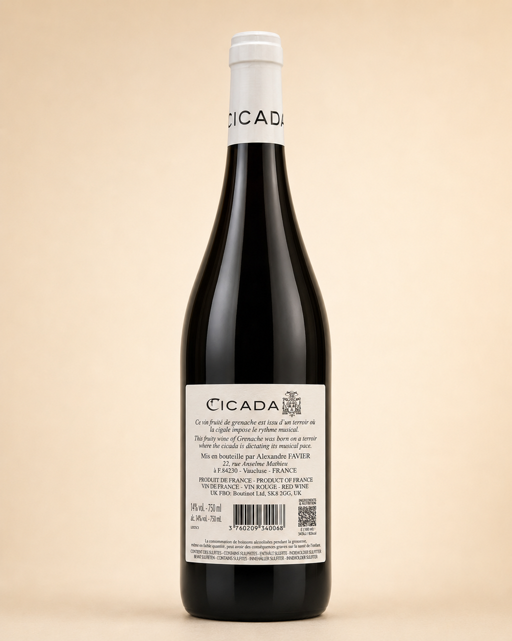 Cicada Rouge 2025 – Vin de France du Domaine Chante Cigale, bouteille vue de dos