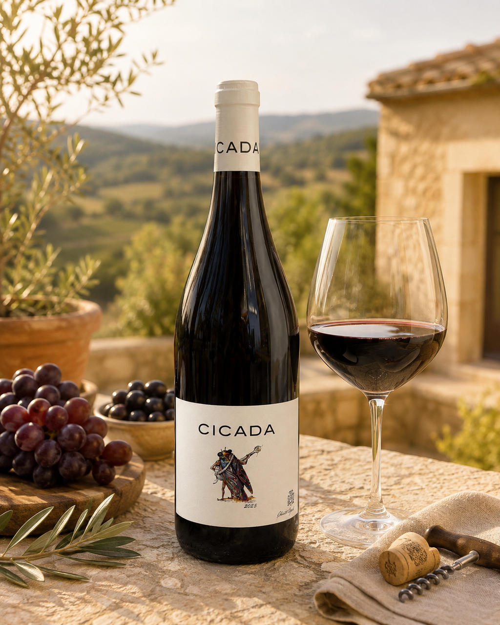 Cicada Rouge 2025 – Domaine Chante Cigale, bouteille en mise en situation sur une terrasse provençale