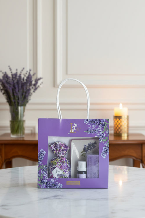 Sac cadeau lavande (HE,PORTE SAVON, SAVON ET SACHET DE FLEURS DE LAVANDE) Maison Molinet