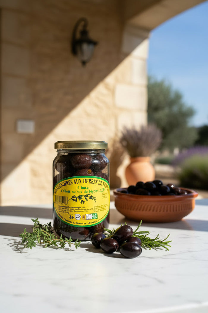 AOP Azeitonas Pretas com Ervas de Provença – frasco de 220 g Maison Molinet