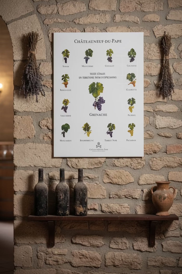 Affiche des 13 cépages de Châteauneuf-du-Pape – illustration des variétés de raisins