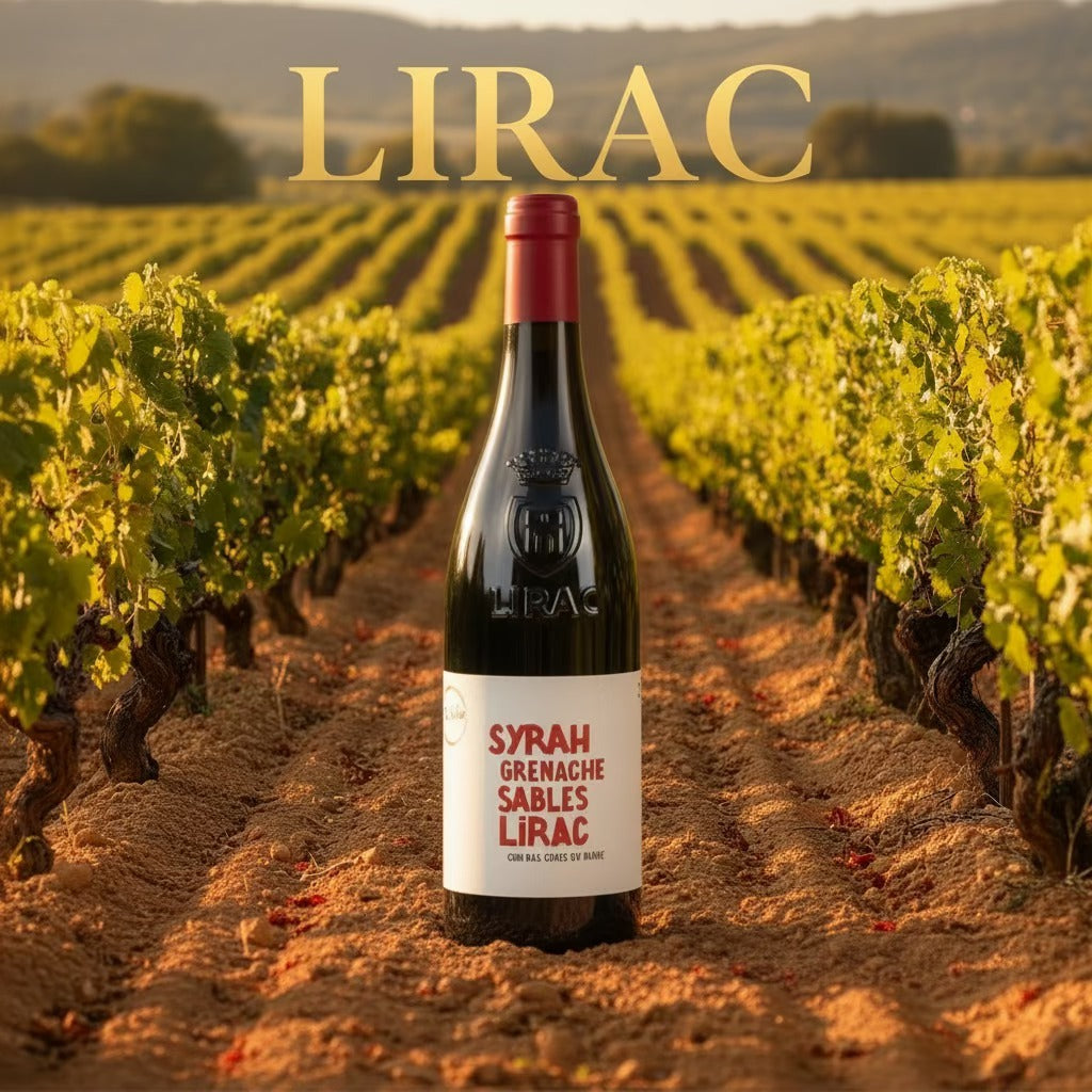 Verre de vin rouge Ben & Vins Lirac 2023 de Maison Molinet, bouteille de 75 cl, vin du Rhône, étiquette visible.