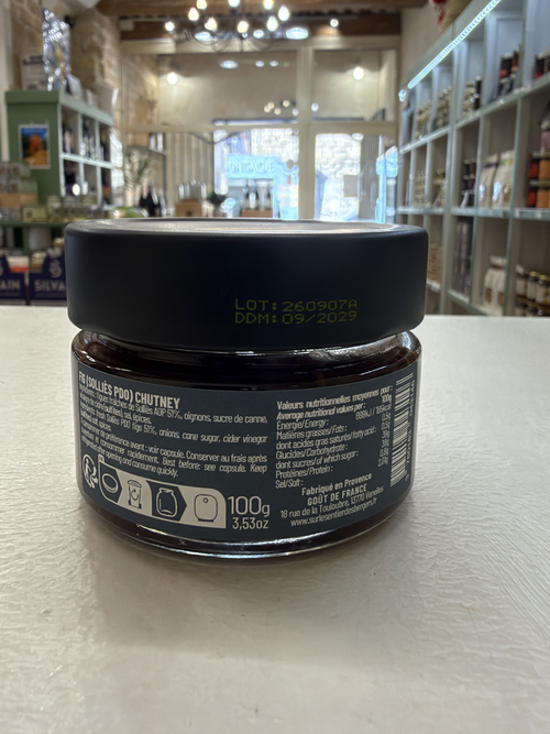 Photographie réelle de l’étiquette arrière du chutney de figues de Solliès AOP 100 g – ingrédients, nutrition, conservation