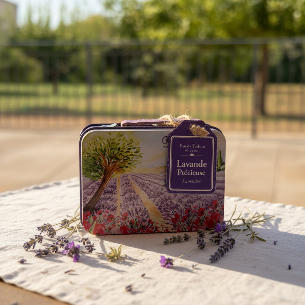 Coffret Lavande Précieuse avec eau de toilette et savon dans une boîte métal illustrée de Provence