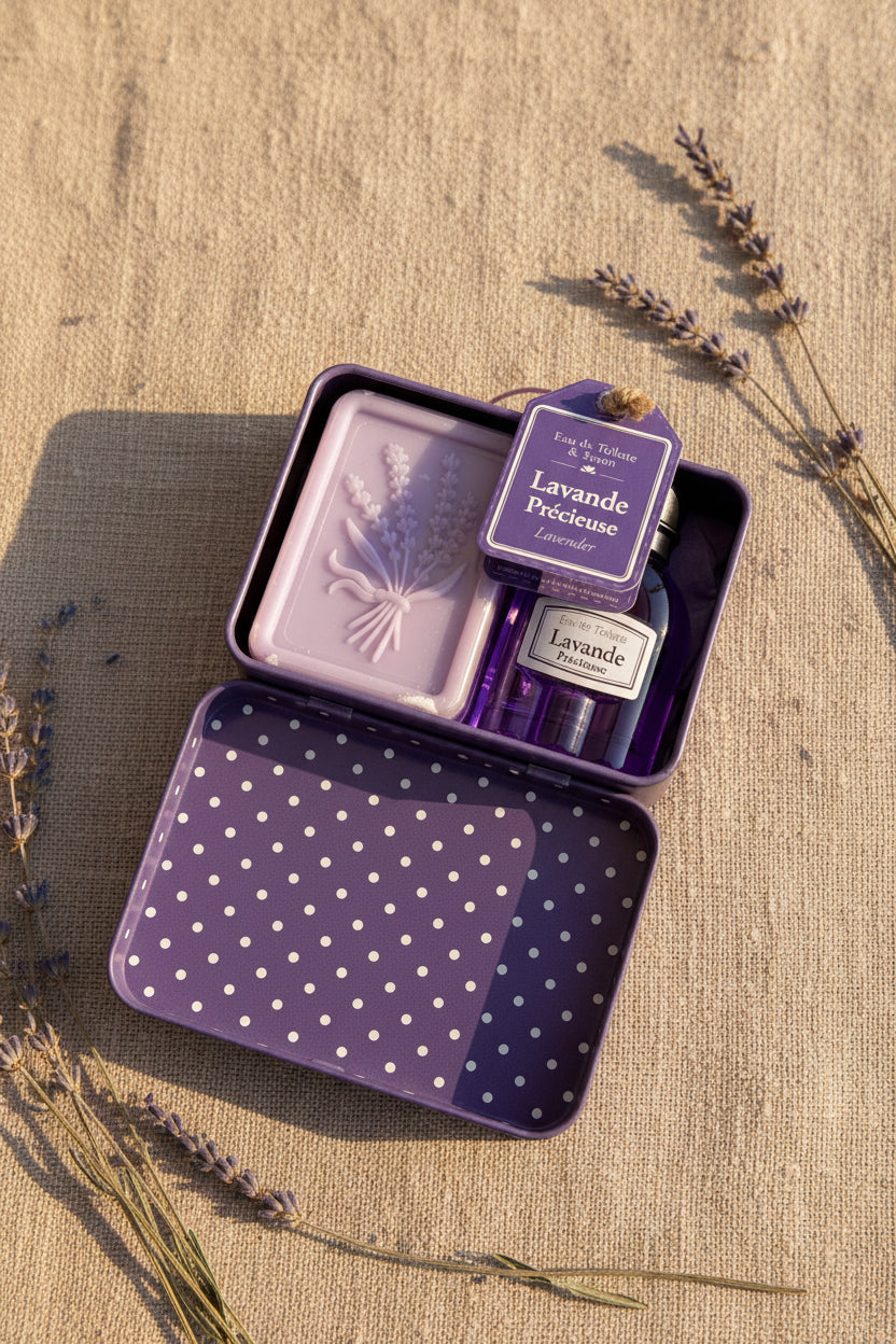 Coffret Lavande Précieuse ouvert avec eau de toilette et savon parfumé à la lavande