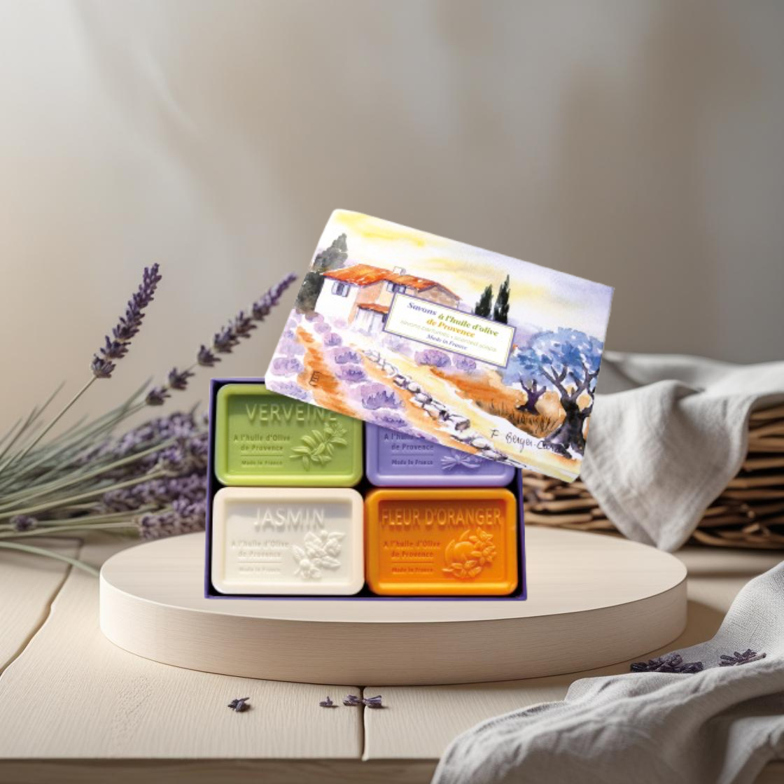Caixa Luxo – 4 Sabonetes de Azeite AOP e Aromas Provençais Maison Molinet