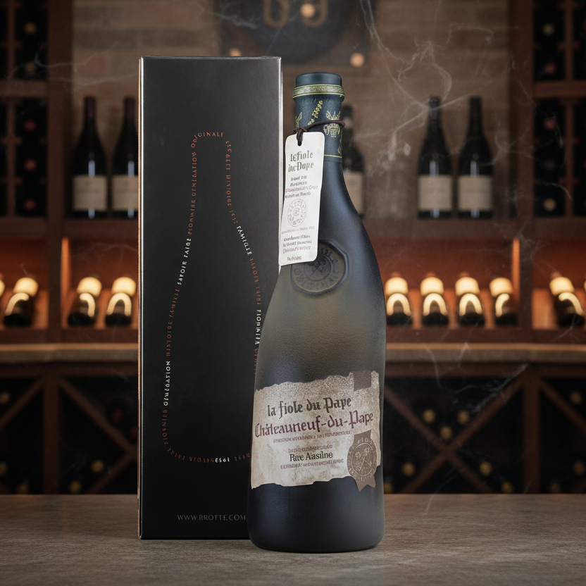 Châteauneuf-du-Pape Rouge by Maison Molinet num elegante estojo, exibindo a garrafa de vinho e o seu rótulo.