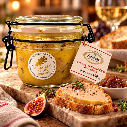 Foie gras entier de Dordogne 120 g Maison Lembert, pain et figues – suggestion de dégustation illustrée