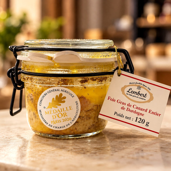 Maison Lembert foie gras entier de Dordogne 120 g, médaille d’or Paris 2026 – visuel premium illustratif