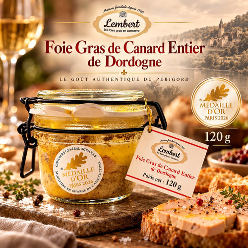 Foie gras entier Maison Lembert 120 g et médaille d’or Concours Général Agricole Paris 2026 – montage commercial