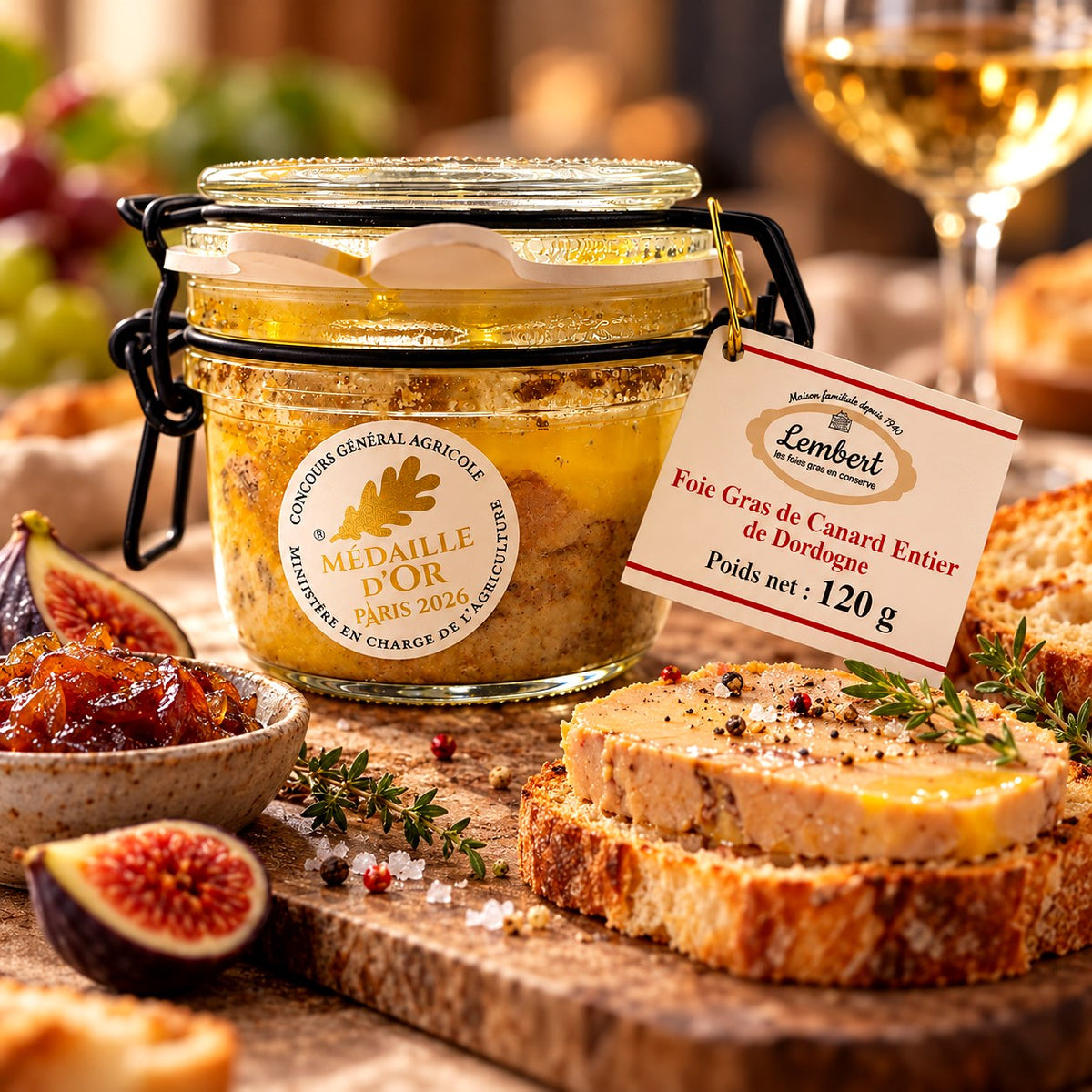Maison Lembert foie gras entier de Dordogne 190 g, médaille d’or Paris 2026 – mise en scène gourmande illustrative