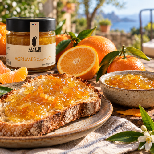 Confiture d'agrumes corses 60 % – suggestion de petit-déjeuner illustrée avec tartine, oranges et clémentines