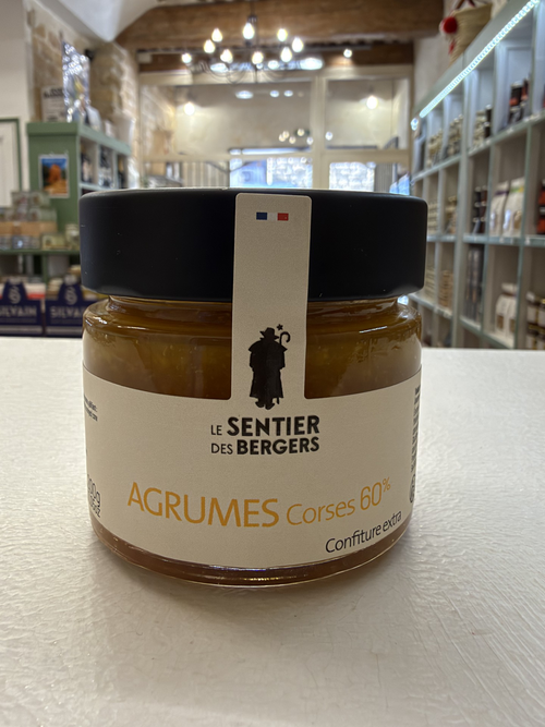 Photographie authentique du pot de confiture extra d'agrumes corses 60 % 200 g, Le Sentier des Bergers