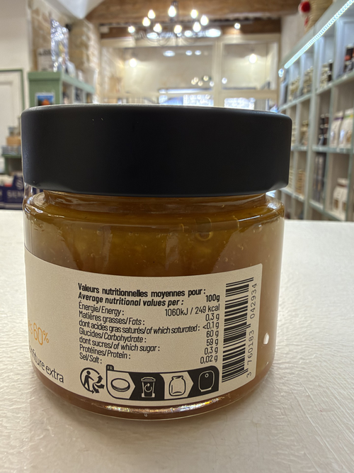 Photographie réelle de l'étiquette nutritionnelle de la confiture d'agrumes corses 200 g