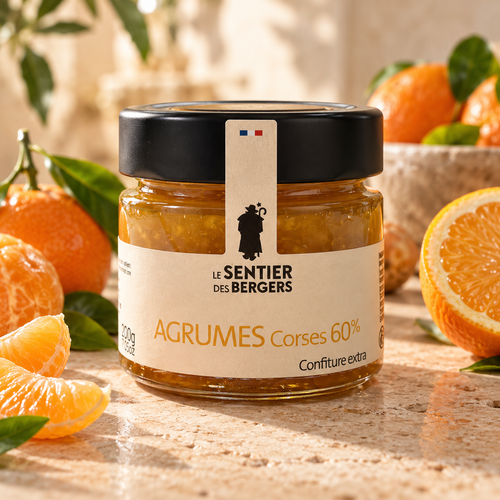 Confiture extra d'agrumes corses 60 % – 200 g – packshot premium illustré du pot Le Sentier des Bergers
