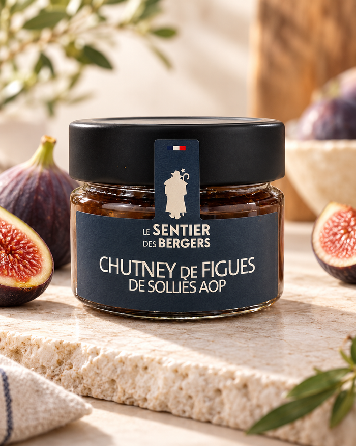Chutney de figues de Solliès AOP 100 g Le Sentier des Bergers – mise en scène premium illustrée avec figues