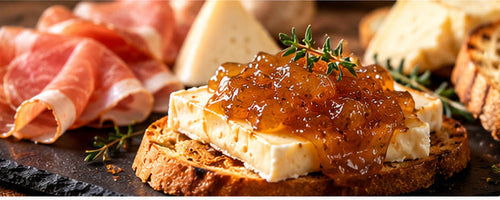 Confit d’oignons au miel d’acacia – suggestion de dégustation illustrée avec fromage, pain et charcuterie