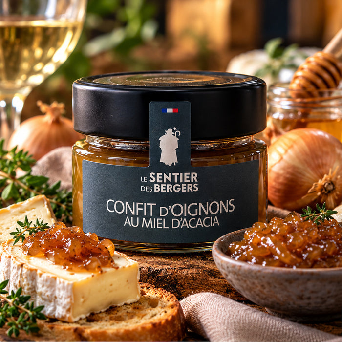 Confit d’oignons au miel d’acacia Le Sentier des Bergers 100 g – mise en scène gastronomique premium illustrée avec oignons, miel et fromage
