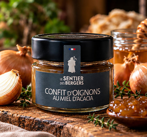 Confit d’oignons au miel d’acacia – second visuel illustratif du pot Le Sentier des Bergers avec oignons et miel