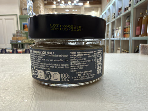 Photographie de l’étiquette réelle du confit d’oignons au miel d’acacia 100 g – ingrédients, sulfites, nutrition et conservation