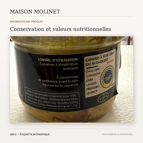 Photographie authentique du tableau nutritionnel et des consignes de conservation du foie gras Esprit Foie Gras 180 g