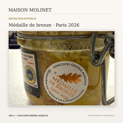 Photographie authentique de la médaille bronze Paris 2026 sur le bocal Esprit Foie Gras 180 g
