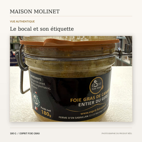 Photographie authentique du foie gras Esprit Foie Gras 180 g – bocal réel et composition