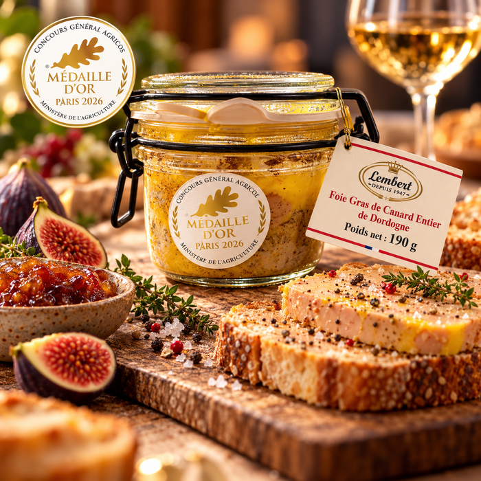 Maison Lembert – foie gras entier de canard de Dordogne 190 g, médaille d’or 2026, visuel gastronomique illustratif corrigé