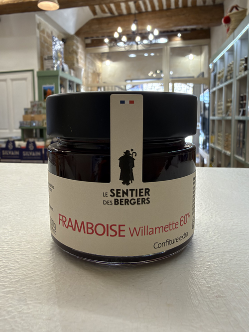 Photographie authentique de la confiture extra framboise Willamette 60 % 200 g – face avant