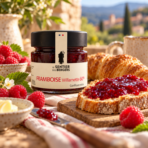 Confiture de framboises Willamette – suggestion de dégustation illustrée sur tartine et viennoiseries
