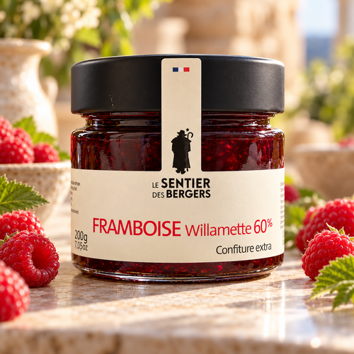 Confiture extra de framboises Willamette 60 % – packshot premium illustré, pot de 200 g