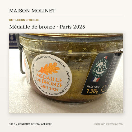 Photo réelle de la médaille bronze Paris 2025 sur le bocal Esprit Foie Gras 130 g