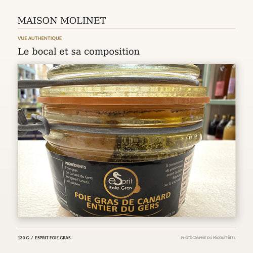 Photo réelle du bocal Esprit Foie Gras 130 g : étiquette et ingrédients authentiques