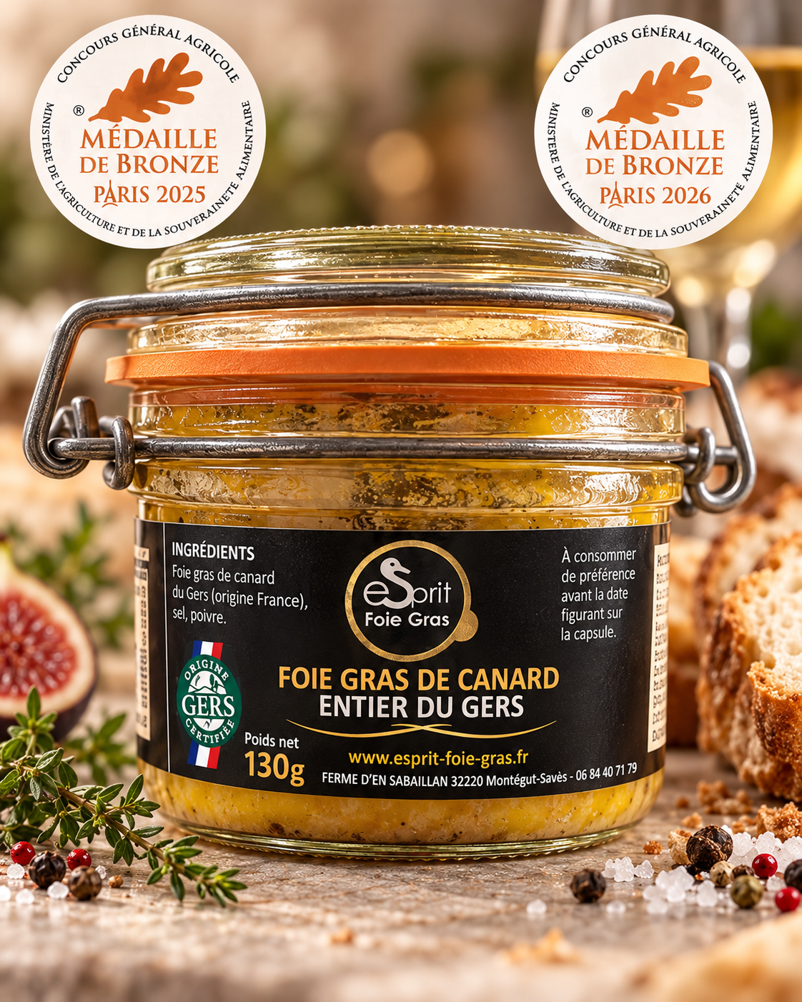 Foie gras entier du Gers Esprit Foie Gras 130 g – visuel premium, médaille de bronze Paris 2025 et 2026 (illustration commerciale)
