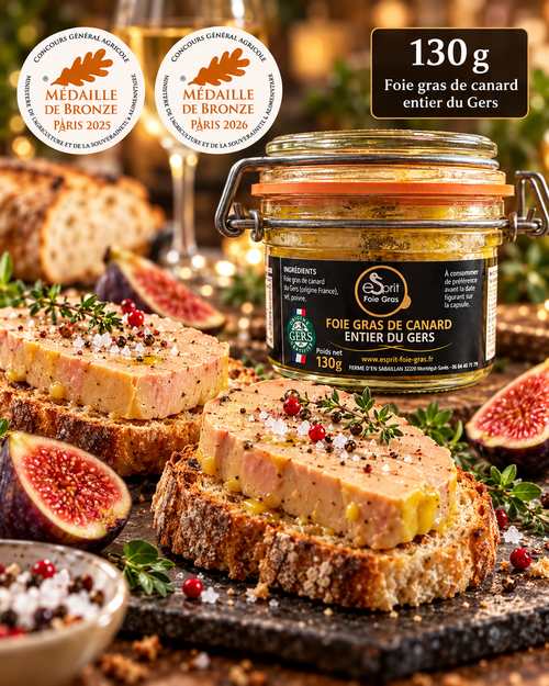 Foie gras de canard entier du Gers 130 g – suggestion de dégustation sur pain, visuel d'ambiance