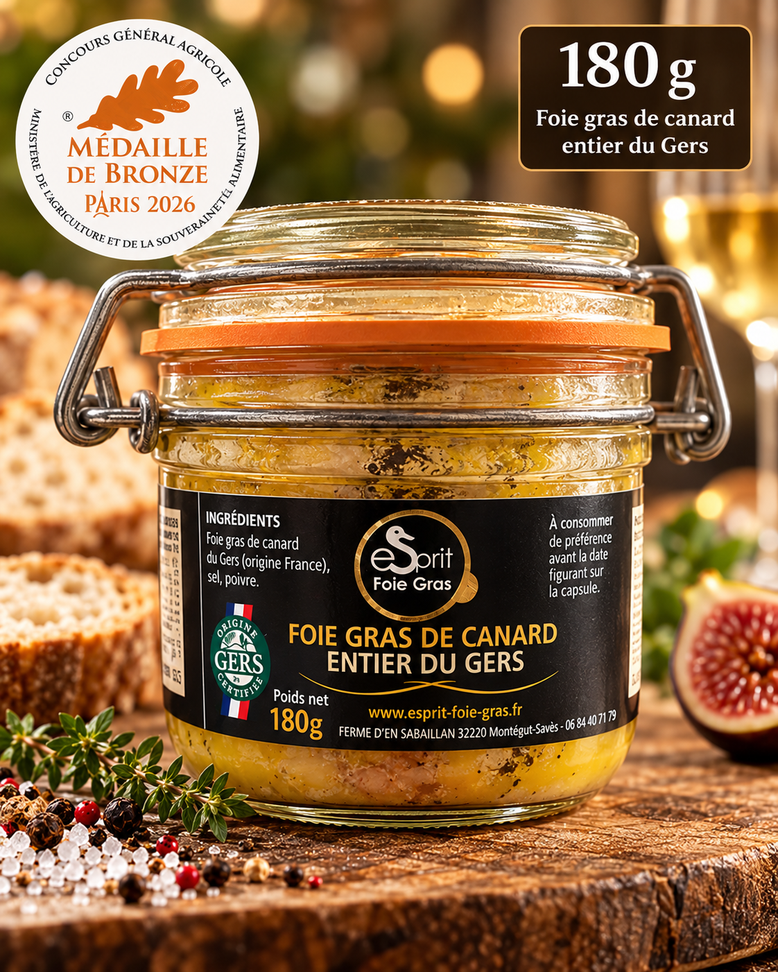 Foie gras entier du Gers Esprit Foie Gras 180 g – visuel premium médaille bronze Paris 2026 (illustration commerciale)