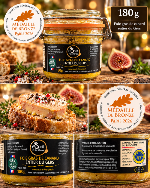 Montage premium illustrant le foie gras Esprit Foie Gras 180 g, médaille bronze Paris 2026 et suggestions de service