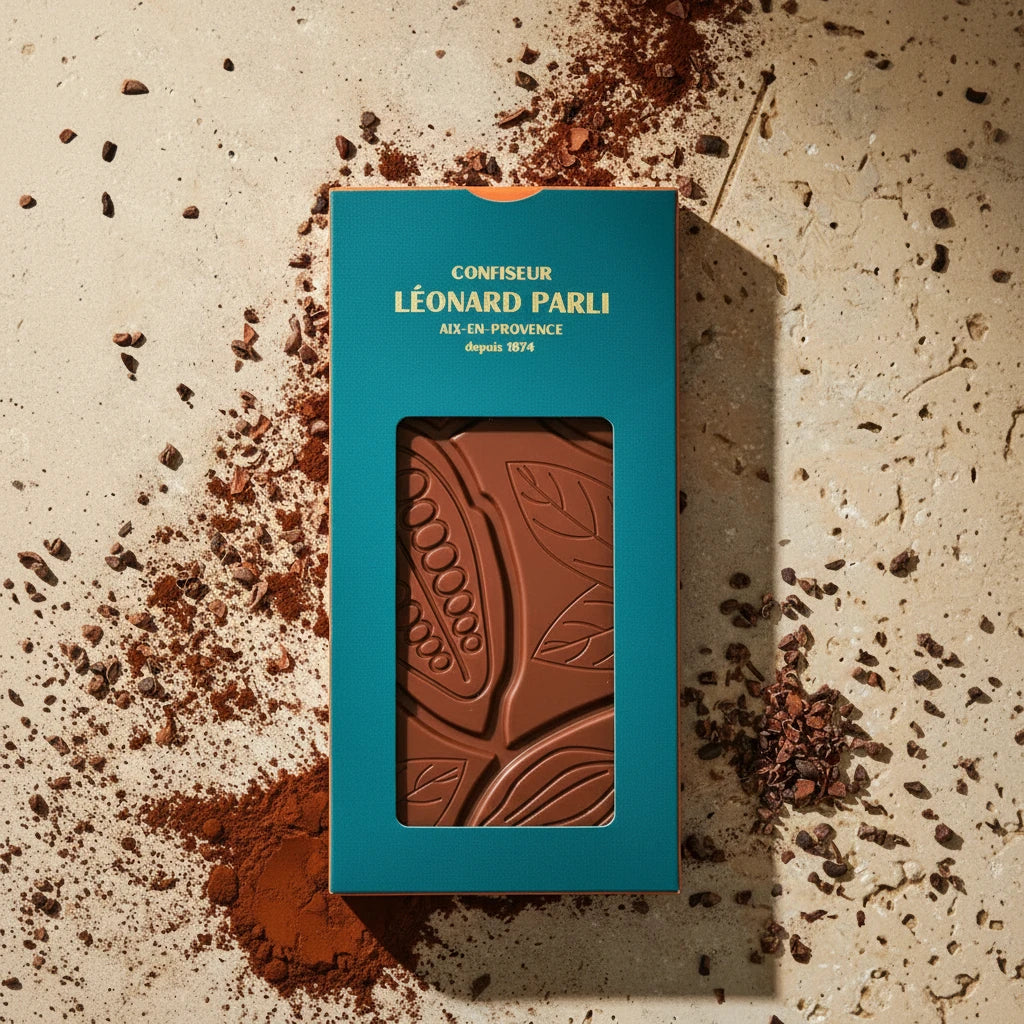 Barra de chocolate de leite 42% BIOLÓGICO de 100 g da marca Maison Molinet, origem República Dominicana, com elegante embalagem.