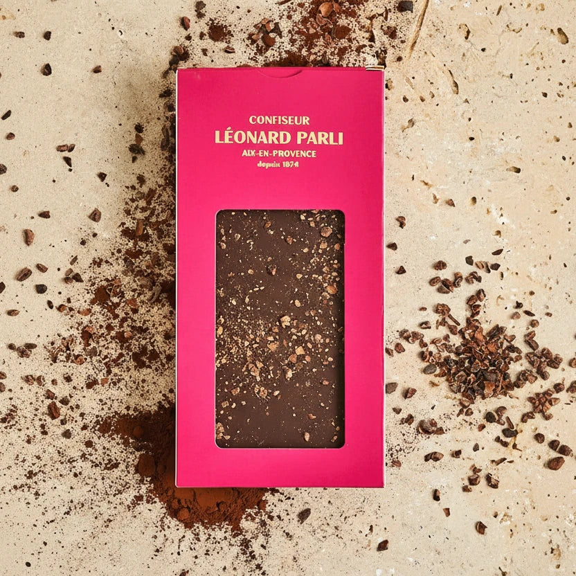 Barra de chocolate negro 64% com pepitas de cacau, casa Molinet, origem Vietname, 100 g, biológico e artesanal.