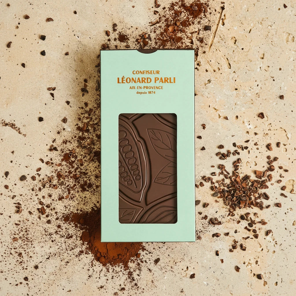 Barra de chocolate negro biológico 64% da Maison Molinet, origem República Dominicana, 100 g, chocolate artesanal.