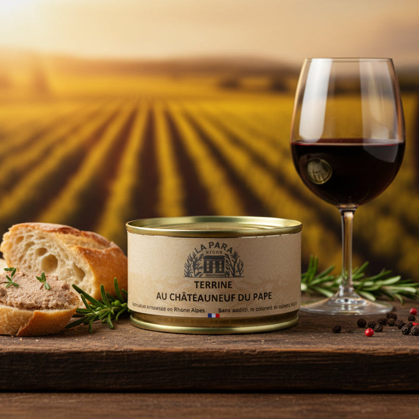 Terrine au Châteauneuf du Pape Maison Molinet de 130g, présentation de la terrine dans un plat en céramique.
