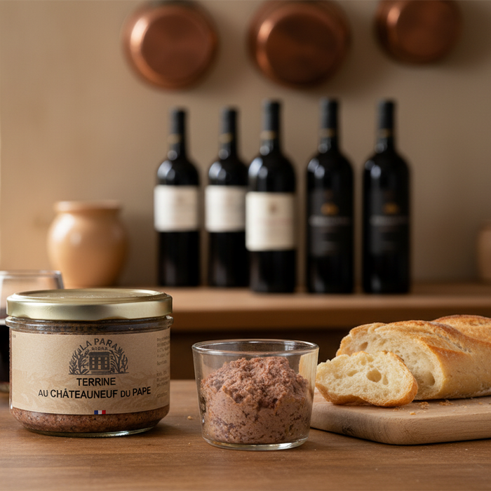Terrina Châteauneuf-du-Pape de 180g em copo, apresentada por Maison Molinet, com textura e rótulo visível.